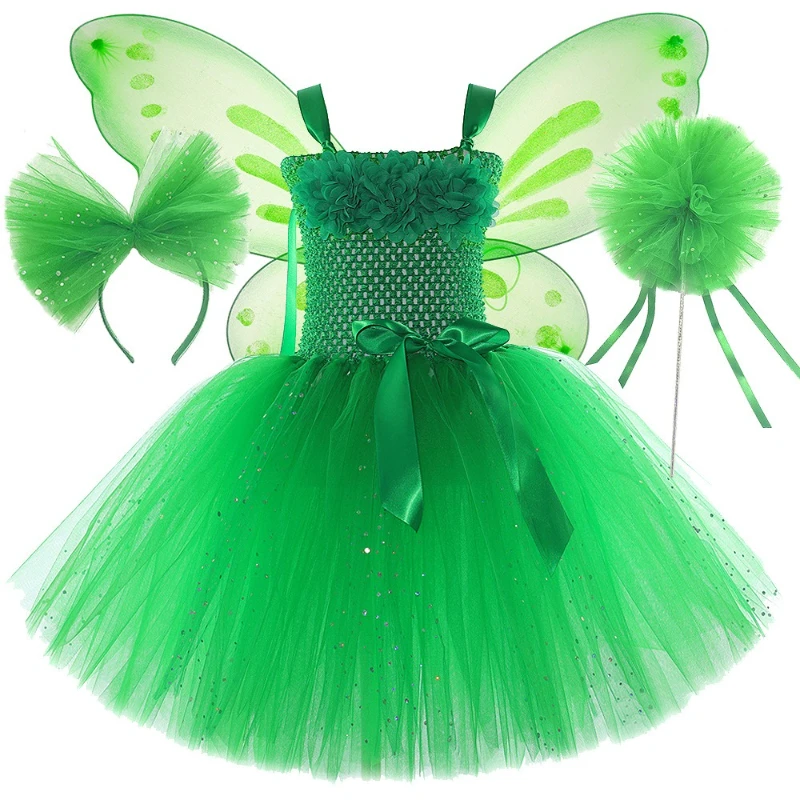 Kinder Grünes Fee Tutu Kleid Glitzer Mädchen Blumenfee Kostüm für Mädchen Halloween Geburtstag Party Prinzessin Dress Up mit Flügeln