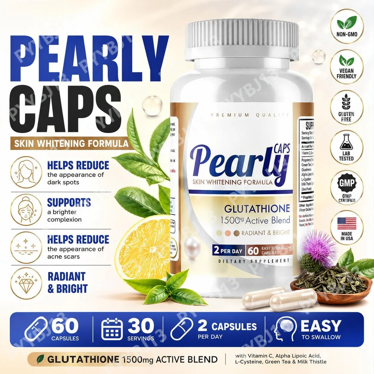 Pearly Caps Glutathione Capsules with Vitamin C for Radiant & Bright Complexion Support, Dark Spots Appearance, 60 Capsules
