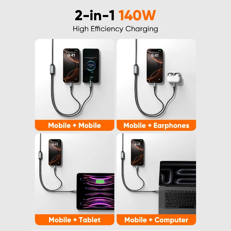 كابل CableCreation USB C 2 في 1، 4 أقدام طويلة 6 أقدام USBC إلى USB-C مزدوج، USB C 140W Max PD شحن من النوع C الفاصل لهاتف iPhone 16