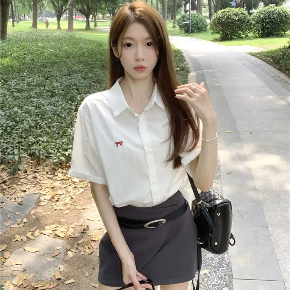 Niche Bowknot Women Girl Blouse Embroidered Loose Short Sleeves Shirt Turn Down Collar Student Summer Top