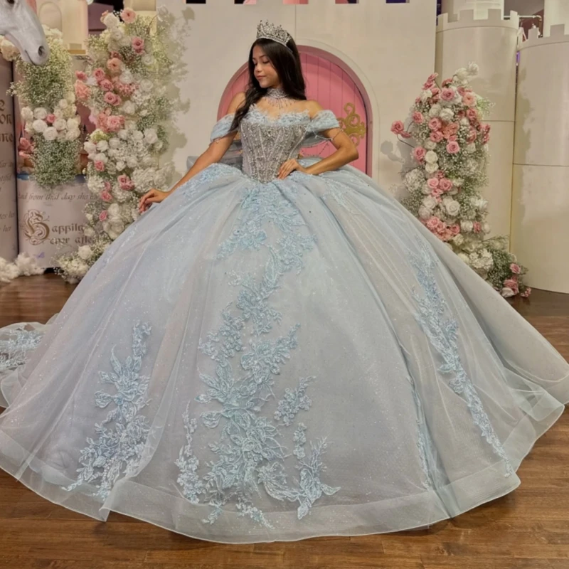 

Light Blue Shiny Princess Sweet 16 Dress Quinceanera Dresses Applique Lace Beading Crystal Bow Corset Tull Party Birthday