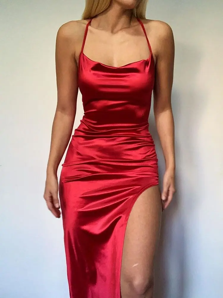 Sexy Tie Rope Backless Solid Color Suspender Dress, Women's Side Slit High Waist Slim Fit Long Skirt