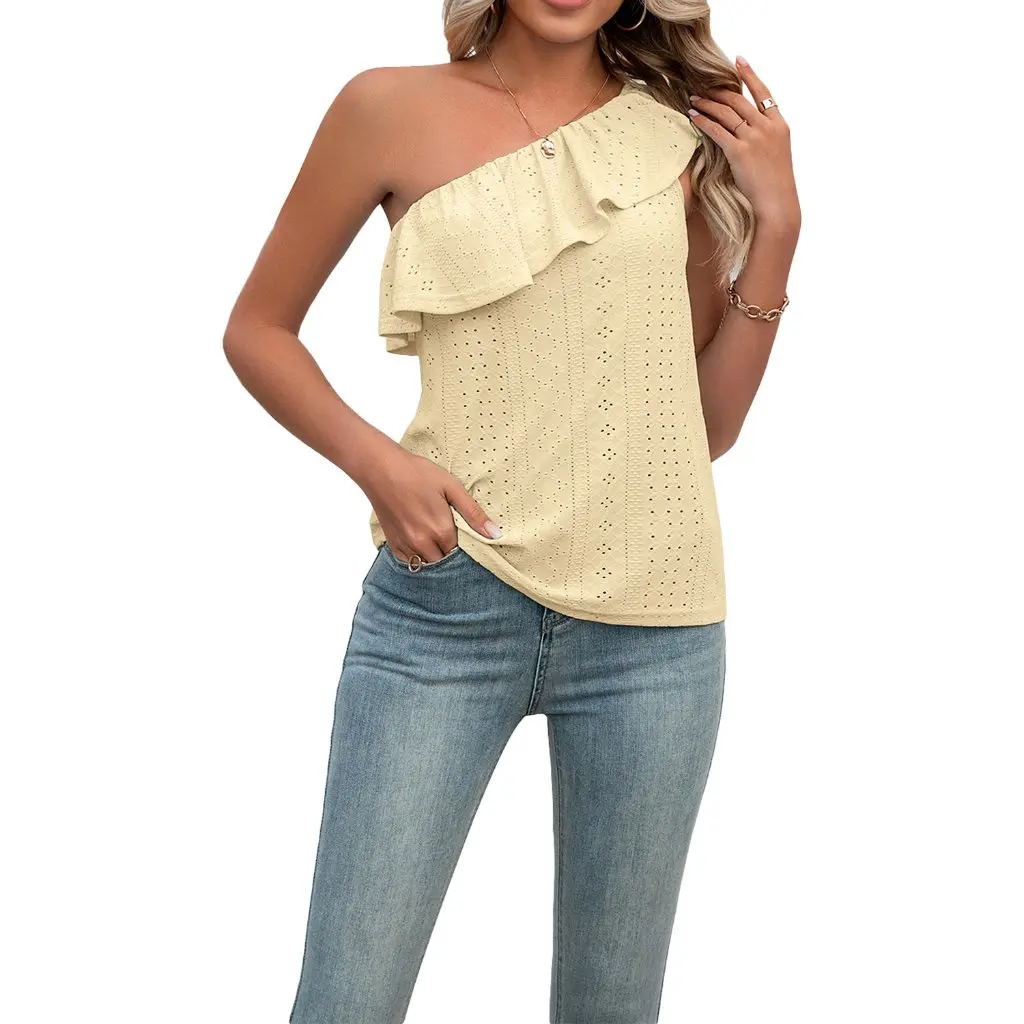 

Women's Ruffled Wide Shoulder Strap Solid Color Vest Summer Top European And American Style Simple All-match Beveled Design