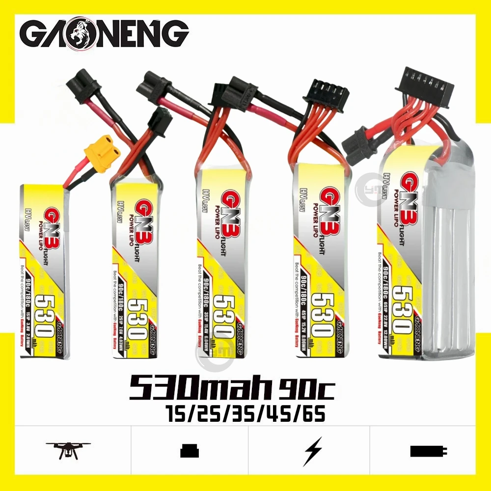 

Gaoneng GNB 530mAh 1S/2S/3S/4S/6S 3,8 V/7,6 V/11,4 V/15,2 V/22,8 V 90C литий-полимерный аккумулятор с разъемом XT30 для FPV Racing дроны