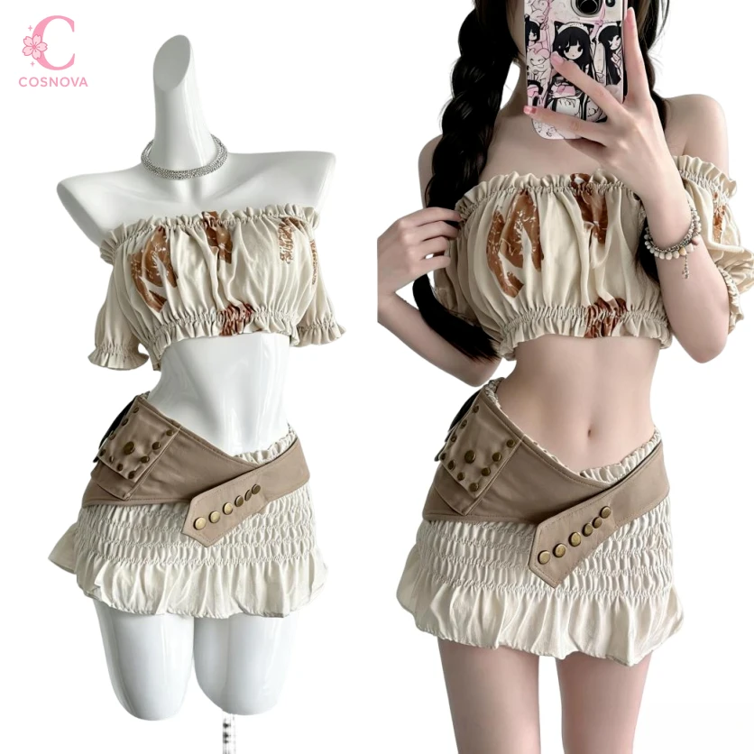 

Summer Hot Girl Printed Off Shoulder Ruffle Ruched 2 Piece Sets Women Crop Top Mini Skirt Belted Y2k Chic Daily Party Clothes