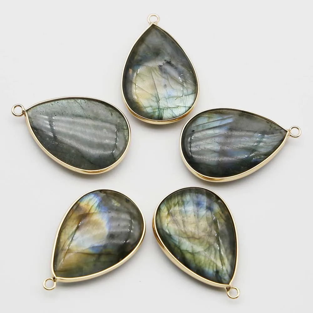 Selling Natural Gray Flash Stone Gilded Edge Water Drop Pendant Fine Necklace Reiki Charm DIY Jewelry Accessories Wholesale 4Pcs