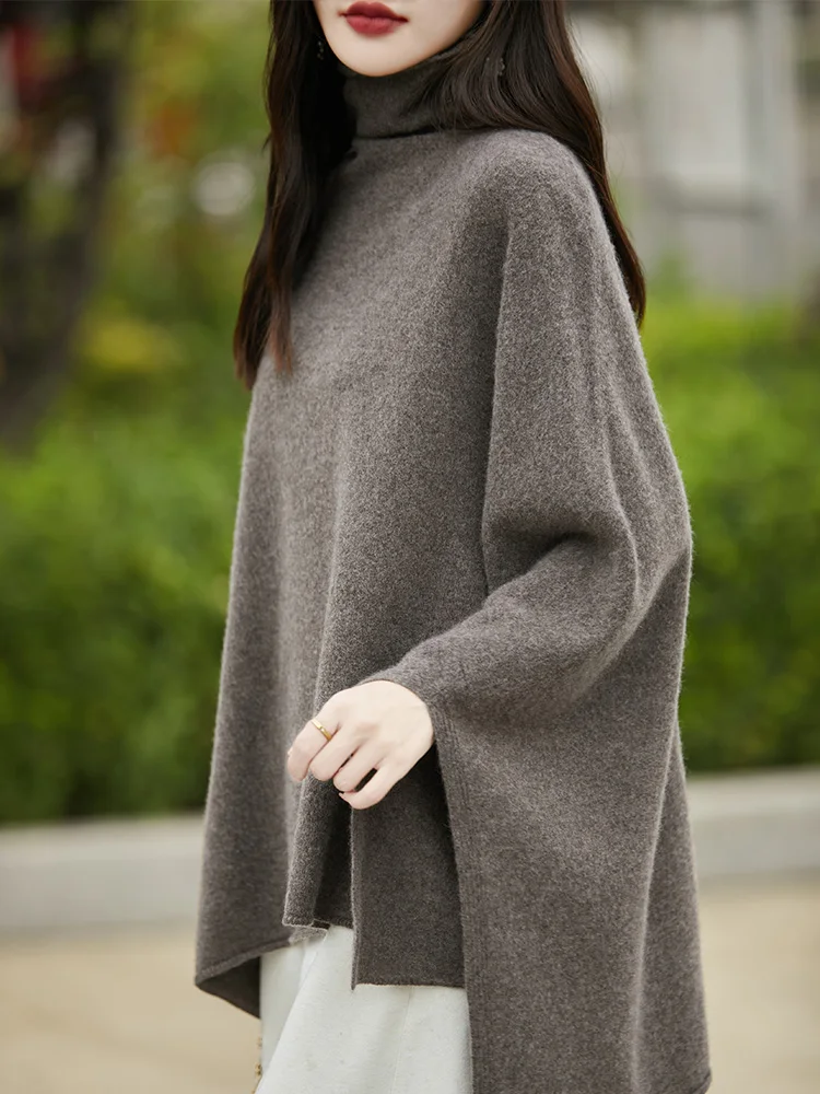 100% Pure Wool Large Size Sweater Women Turtleneck Cape Shawl Korean Fashion Loose Cashmere Knitwear 2024 Winter Female Pullover