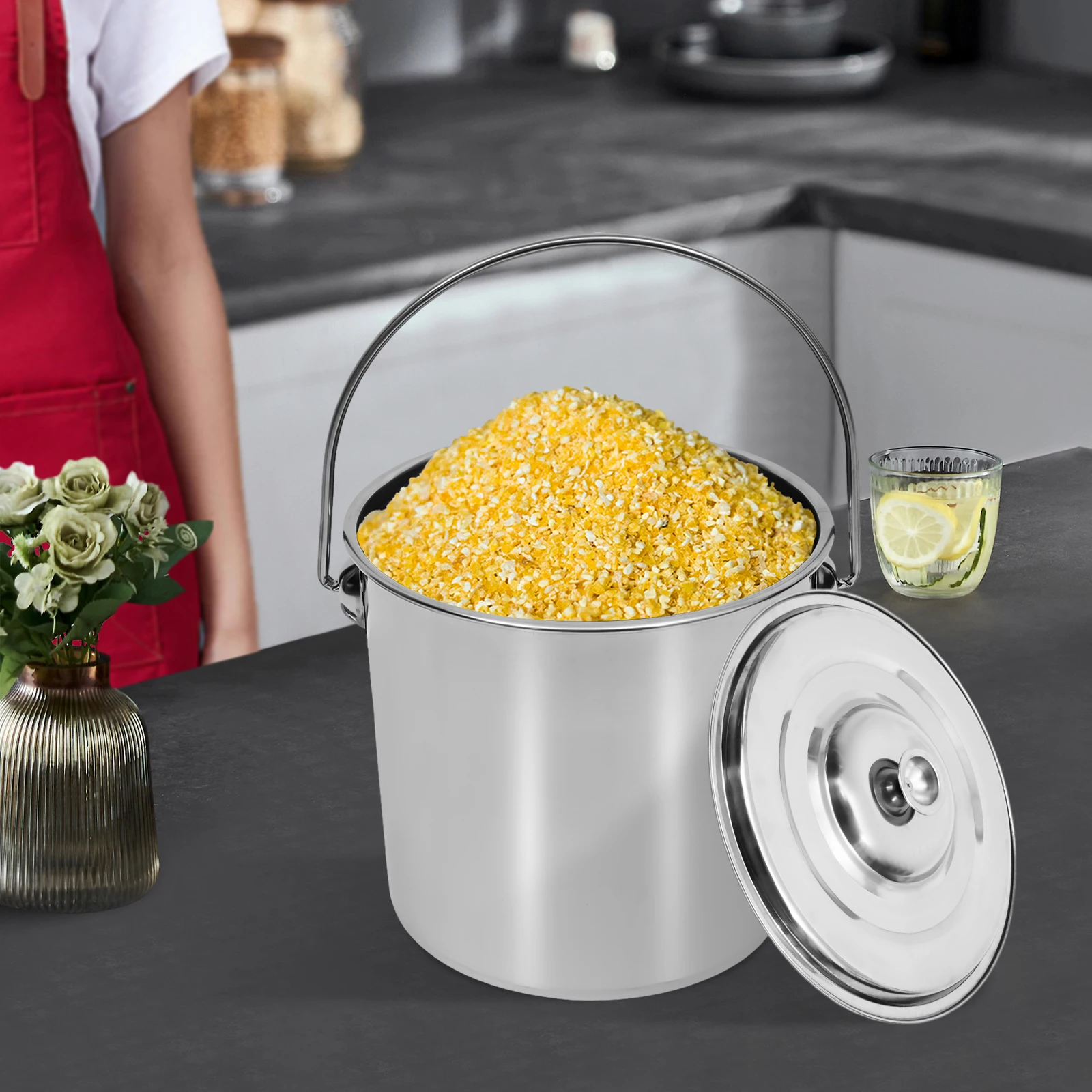 

12L Stainless Steel Bucket w/ Airtight Lid 1mm Thick Metal Pail Multi-Purpose Storage Container for Kitchen Food Camping Outdoor
