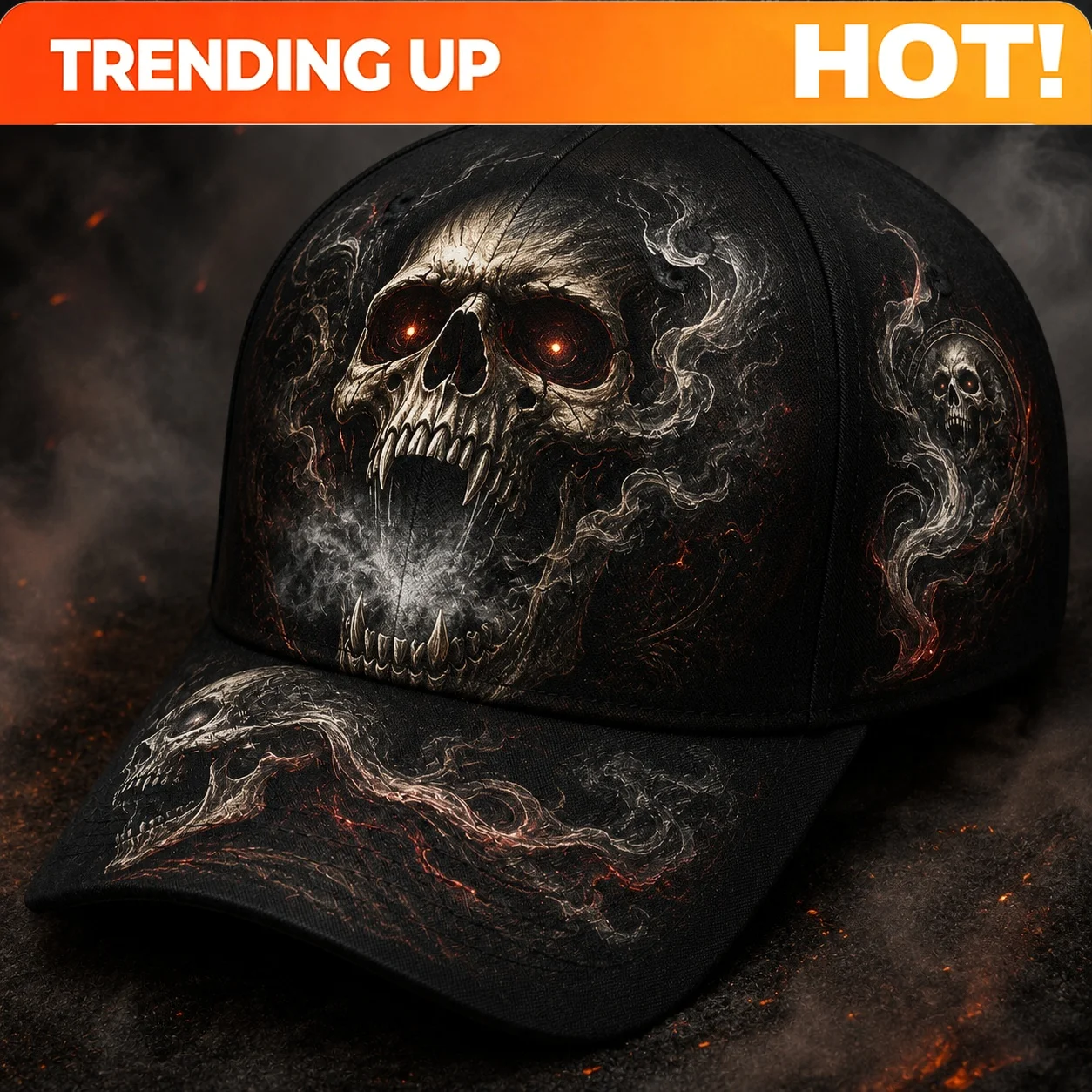 Customization Men'S Gothic Horror Style Baseball Cap, Featuring A Fanged Skull And Smoke Pattern Design - Bohemian Style, Suitab