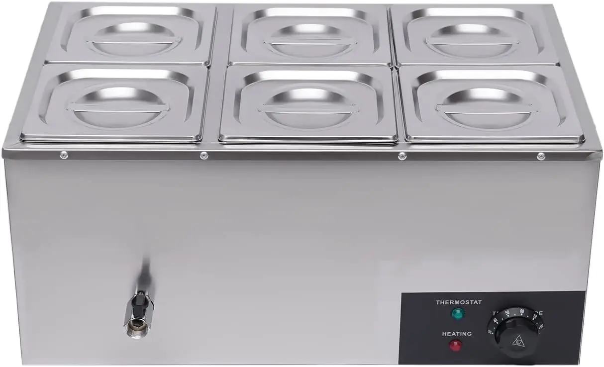 Chauffe-aliments avec seau, table à vapeur électrique à 6 poêles, Planche en acier inoxydable, Chauffe-aliments Bain Marie, Capacité de 19.2 Qt pour attribuable a