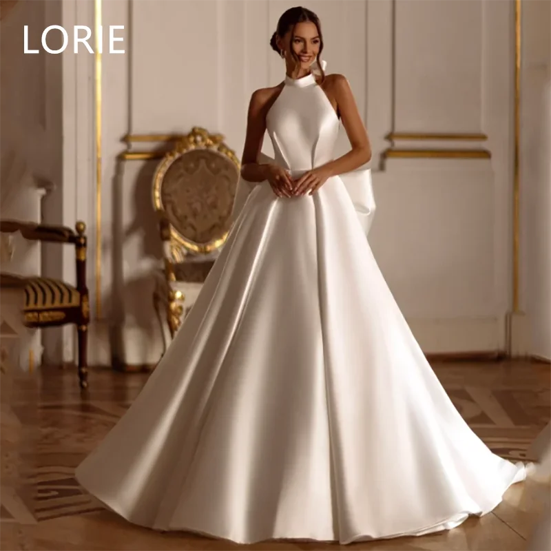 LORIE A-lijn Elegant Satijn Halter Grote Strik Trouwjurk Mouwloze Bruidsjurken vestidos de novia Backless Aangepaste 2025