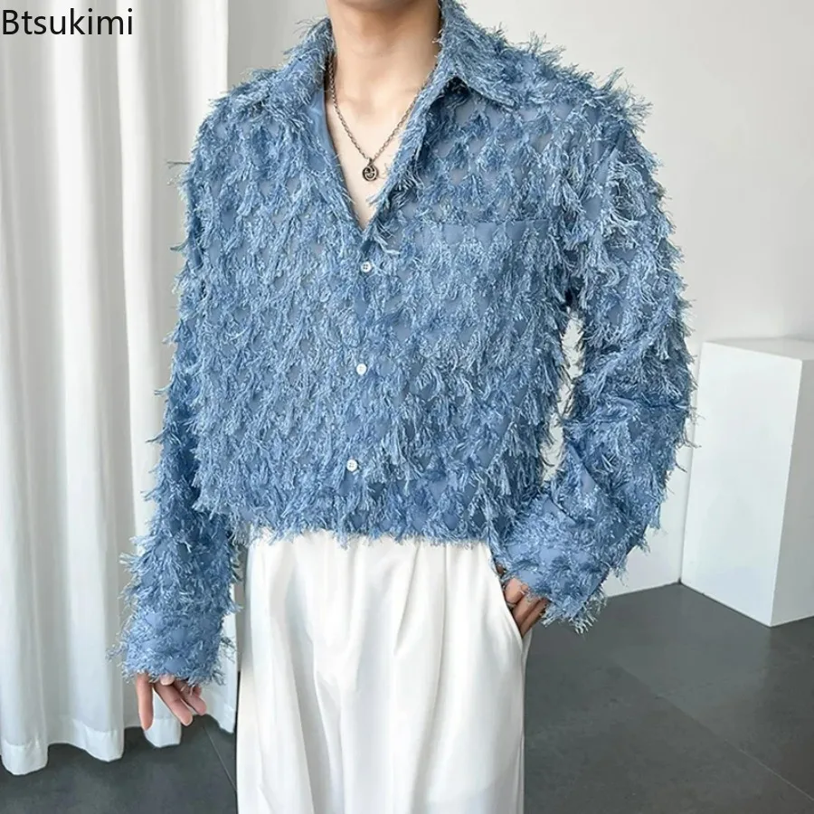 2026 Men's Party Fashion Tassel Design Shirts Spring Autumn Casual Buttoned Lapel Shirt Vintage Solid Color Men Cardigan Tops