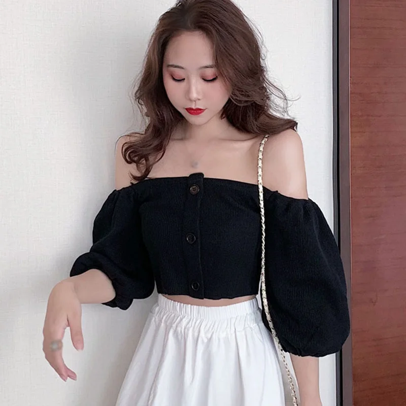 Women\'s Off Shoulder Tops One Shoulder Shirts Short Puff Sleeves Sexy Knit Pullover Soft Tees