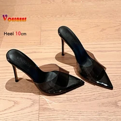 Stiletto Slippers For Ladies 10CM High Heels Fashion Pointed Slip-on Shoes Summer Transparent PVC Elegant Women Black Sandals