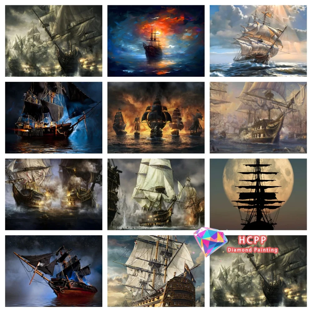 Dunkle Nacht Piratenschiff Diamant-Malset Quadratische Runde Diamanten 5D DIY Segel-Mosaik Handgemachte Kunst Exquisites Geschenk Heimdekoration