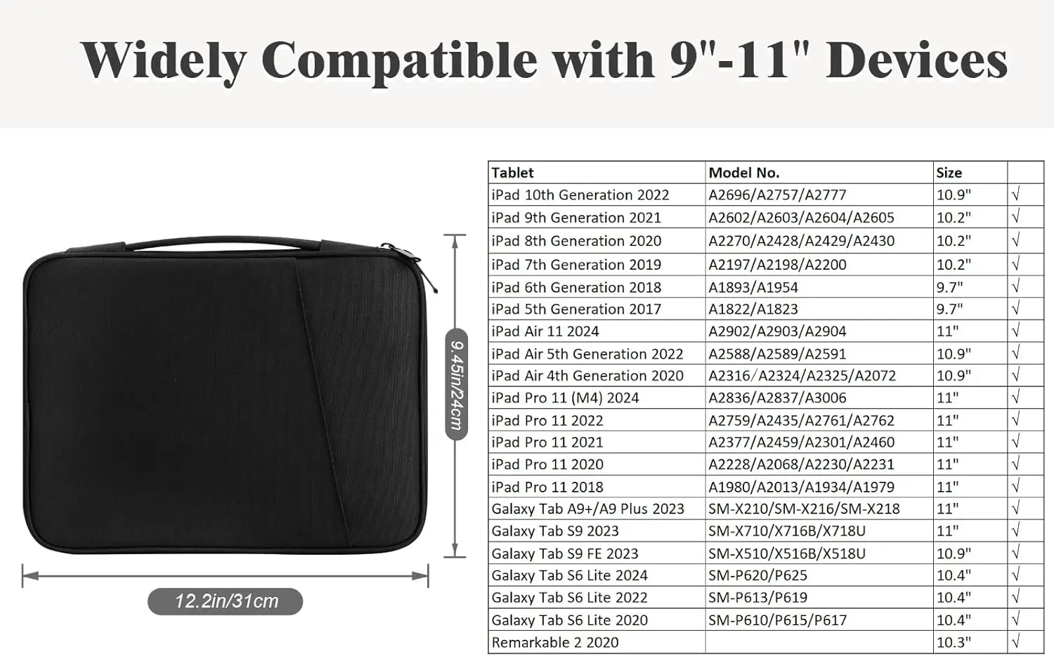9～11インチタブレットスリーブ、iPad 11インチ A16 2025、iPad 10.9インチ/10.2インチ、iPad Air 11/第5/第4世代 10.9インチ、Galaxy Tab A9 Plus 11インチ対応、バッグ