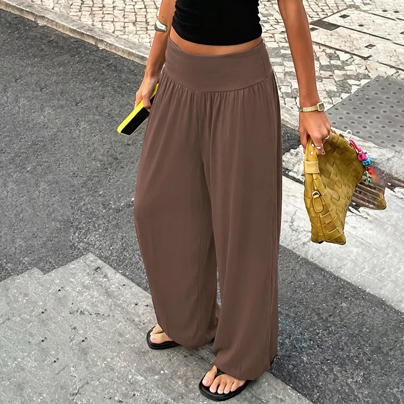 Damen High-Waist Haremshose mit Umschlagbund, Lose Baggy Jogger-Hose, Einfarbig Schwarz, Weich und Dehnbar, Lässige Hose, Vintage Y2K Streetwear – Detail 9