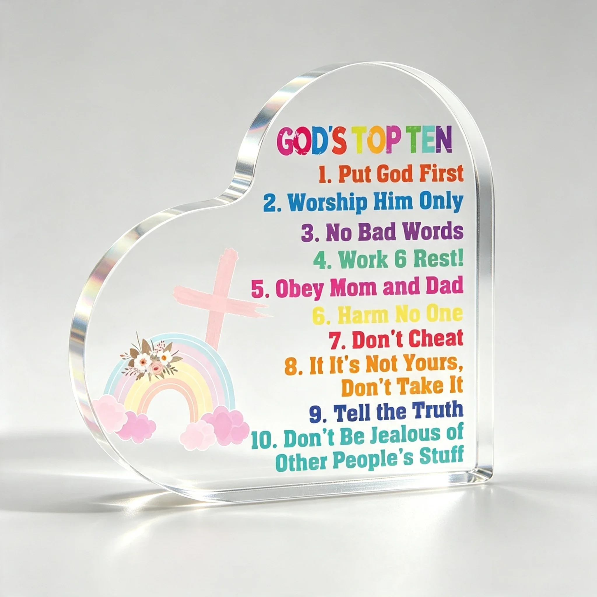 Kids Christian Ten Commandments Acrylic Heart Ornament Rainbow Cross Religious Home Decor Gift
