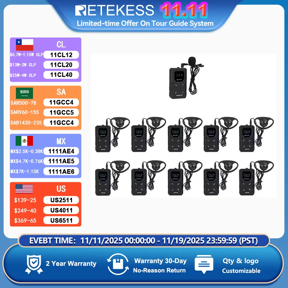 

Retekess TT117 FM Tour Guide System Transmitter Receiver for Museum Church Conference Meeting Factory Training 72-76MHz