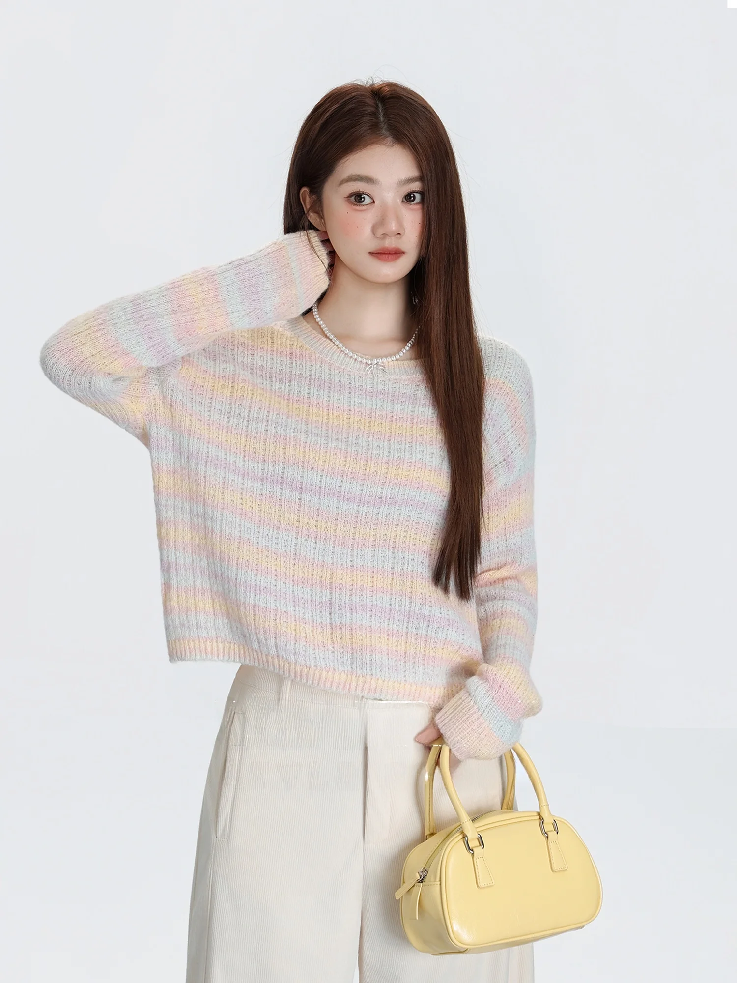 

Korean Sle Sweet adient Striped round Ne Knitwear Women's Loose Soft Long Sve Sweater Autumn Winter New Lazy Sle