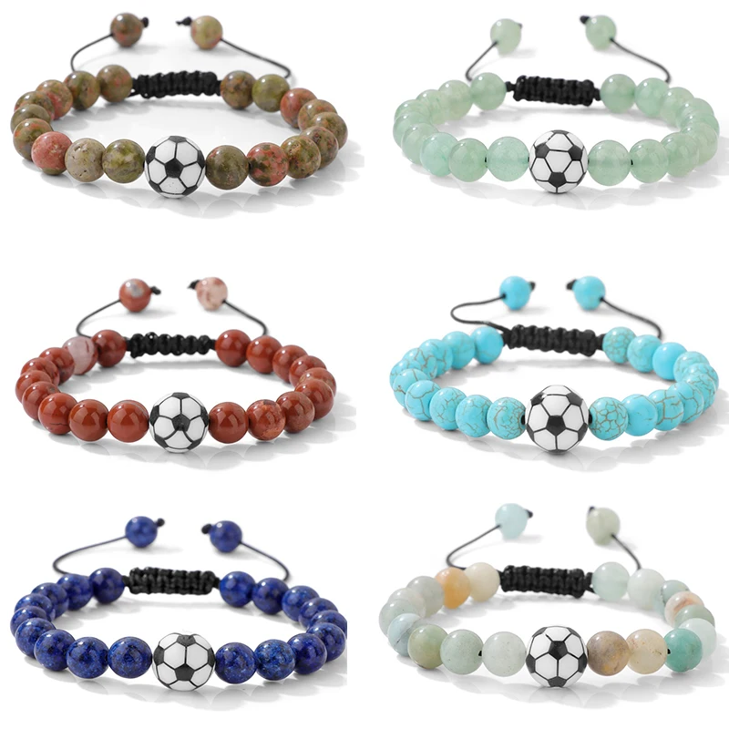 8mm Natural Stone Soccer Football Beaded Braided Bracelet Sports Healing Crystal Bead Bangle Gift for Football Fans Jewelry