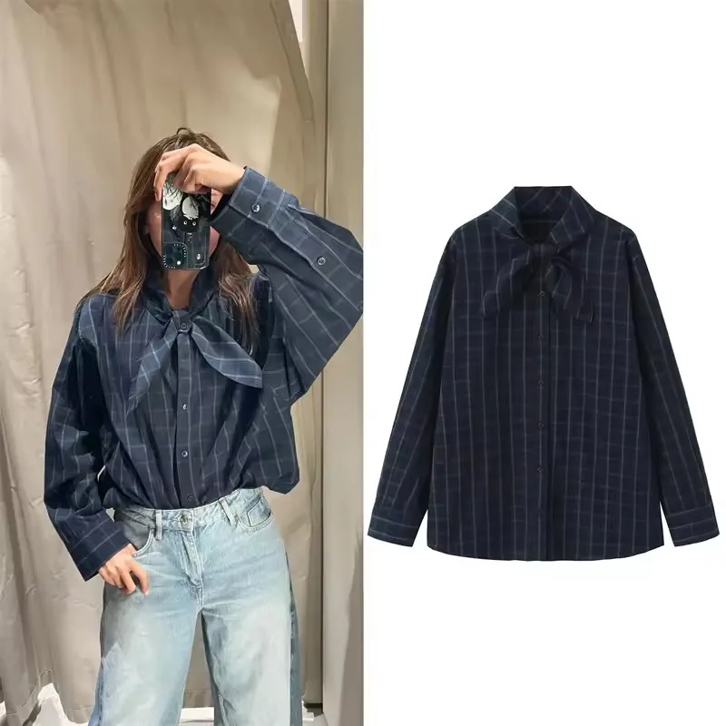 

Women's Shirt Autumn New Dark Blue Loose Plaid Shirt with Bow Tie Women Causal Single Breasted Blouse Boyfriend Style 2025