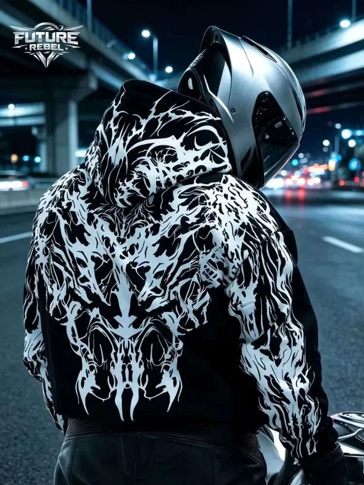 Reflektierender Hoodie im Street-Stil für Herren, Y2k-Stil, Gothic, langärmelig, Pullover, Kapuzenpullover, lockerer Schnitt, Motorradfahrer, für Ausflüge in der Nacht, Neu – Detail 8