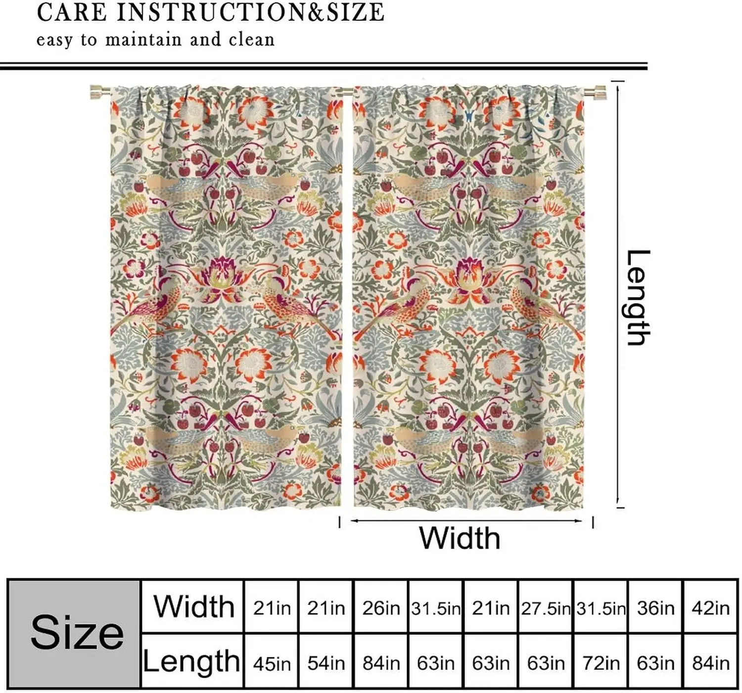 Abstract William Morris Print Blackout Curtains,Watercolor Vintage Floral Flower Bird Art Window Drapes, for Living Room Bedroom