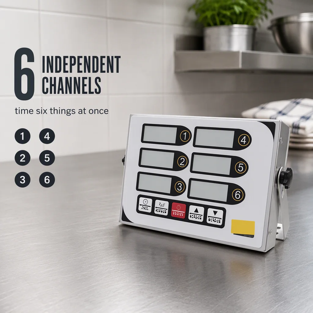 CAL‑6B Commercial 6‑Channel Digital Timer Stainless‑Steel Panel Multichannel Countdown Timer For Fast Food Bakery Cafe Kitchen