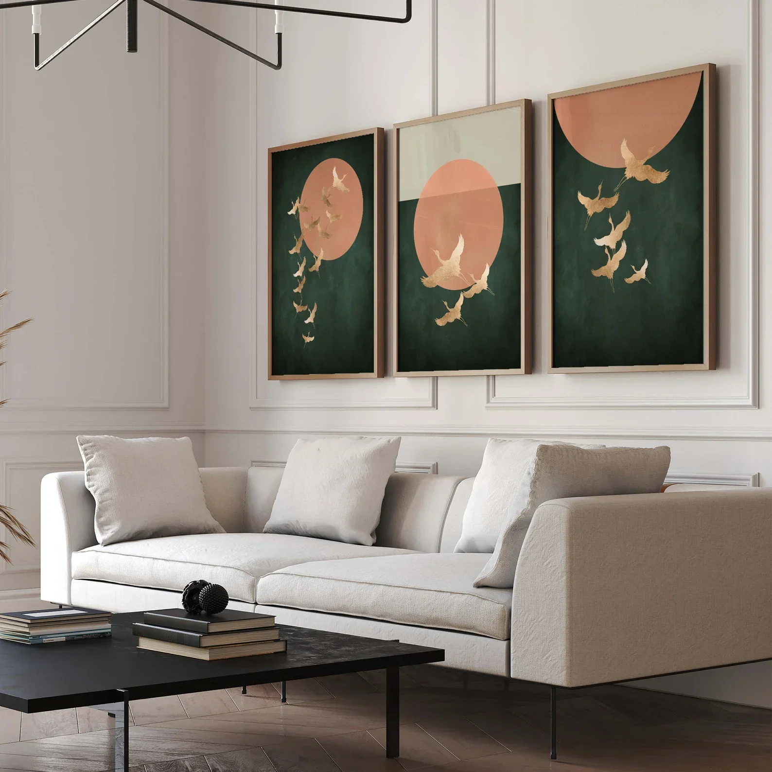 Large-sized frameless 3pcs  3PCS Green and Gold Cranes Wall Art  Japanese Birds Poster, Japandi Art  Orange Sun  Dark Green