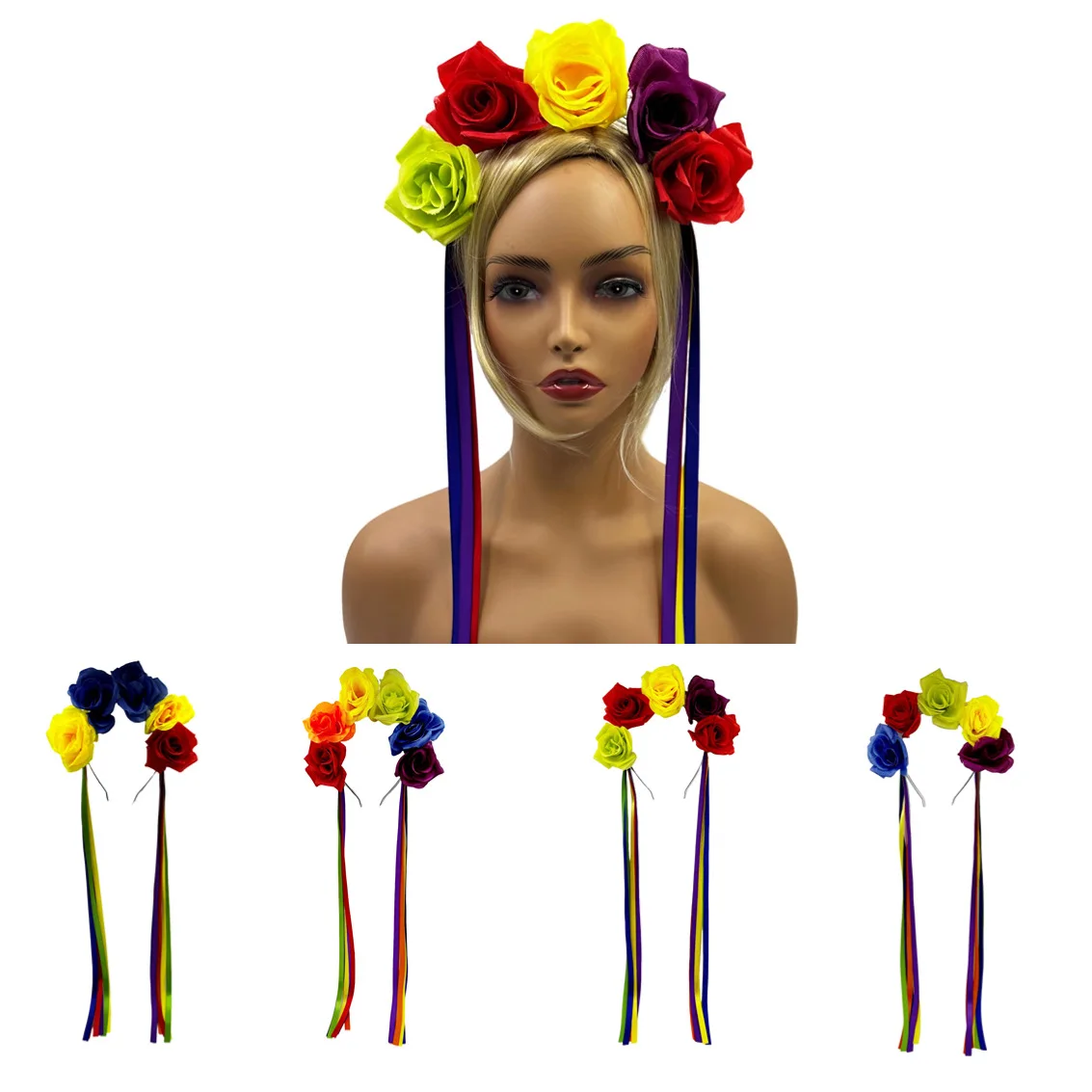 Rainbow Mexican Simulation Rose Flower Headband Festival Halloween Party Dress Up Hairband Ribbon Flower Wreath Hair Accessories