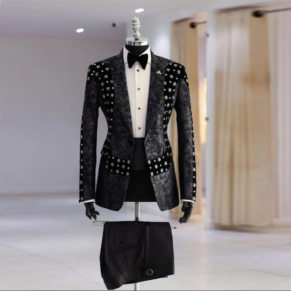 Classic Man Jacquard Suits Formal Wedding Groom Tuxedos Custom Made Sparkling Crystal Beading Blazer Pants 2 Pieces Male Clothes