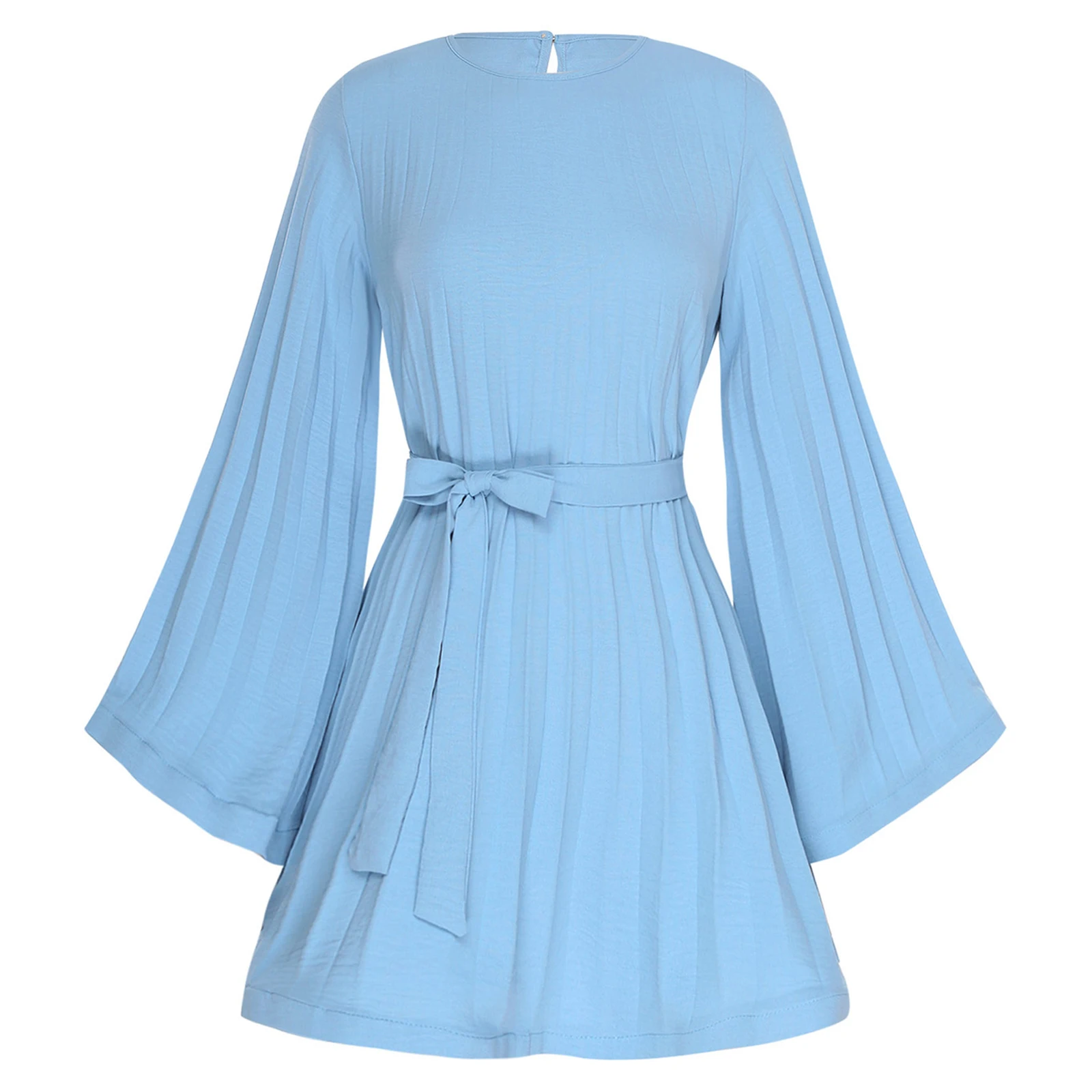 Minivestido liso para mujer, vestido plisado bohemio, elegante vestido plisado con cinturón acampanado de manga larga, vestido acampanado, ropa para mujer
