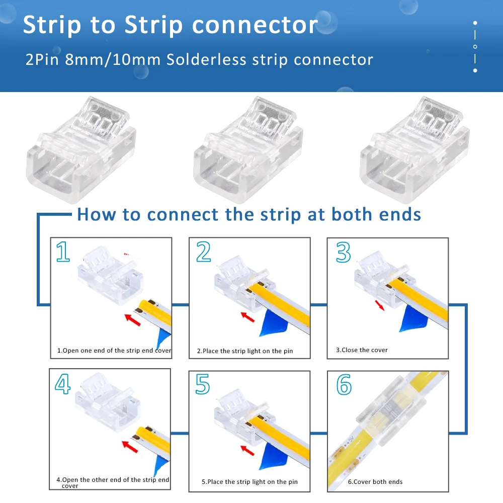LED Strip Connector 2Pin 8mm 10mm PCB Quick Wire Corner Connector Welding-Free for 2835 5050 SMD COB Flexible LED Strip Lights