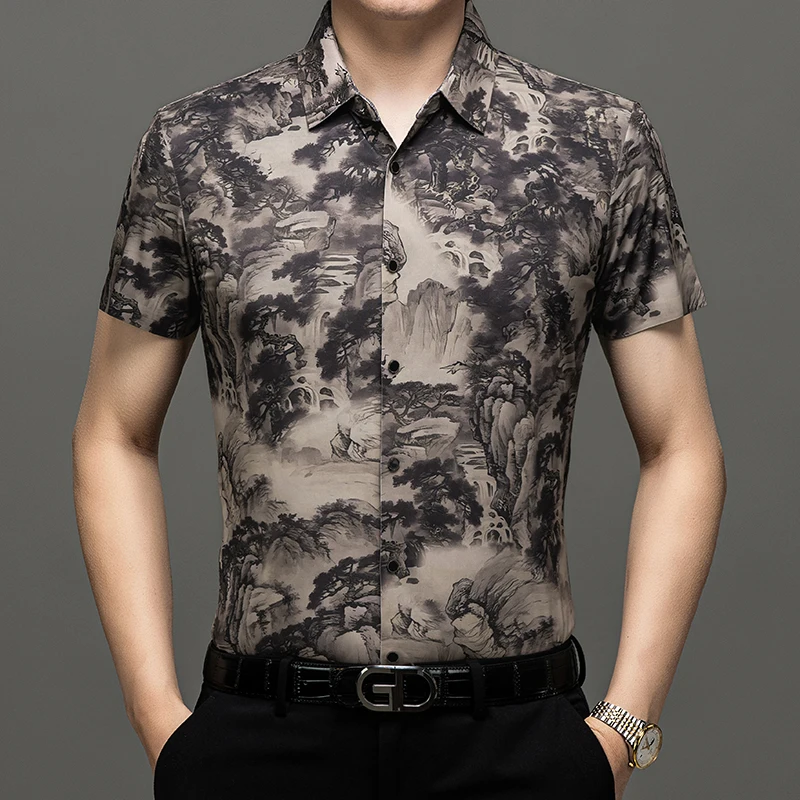 Landscape Painting Printing Shirts For Men Short Sleeve Seamless Summer Quality Amazing Silky Easy Care Trends Camisas De Hombre