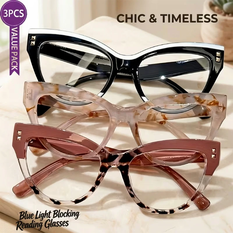 3Pcs Women Cat Eye Reading Glasses Rivet Decor Oversized Blue Light Blocking Reading Glasses Set