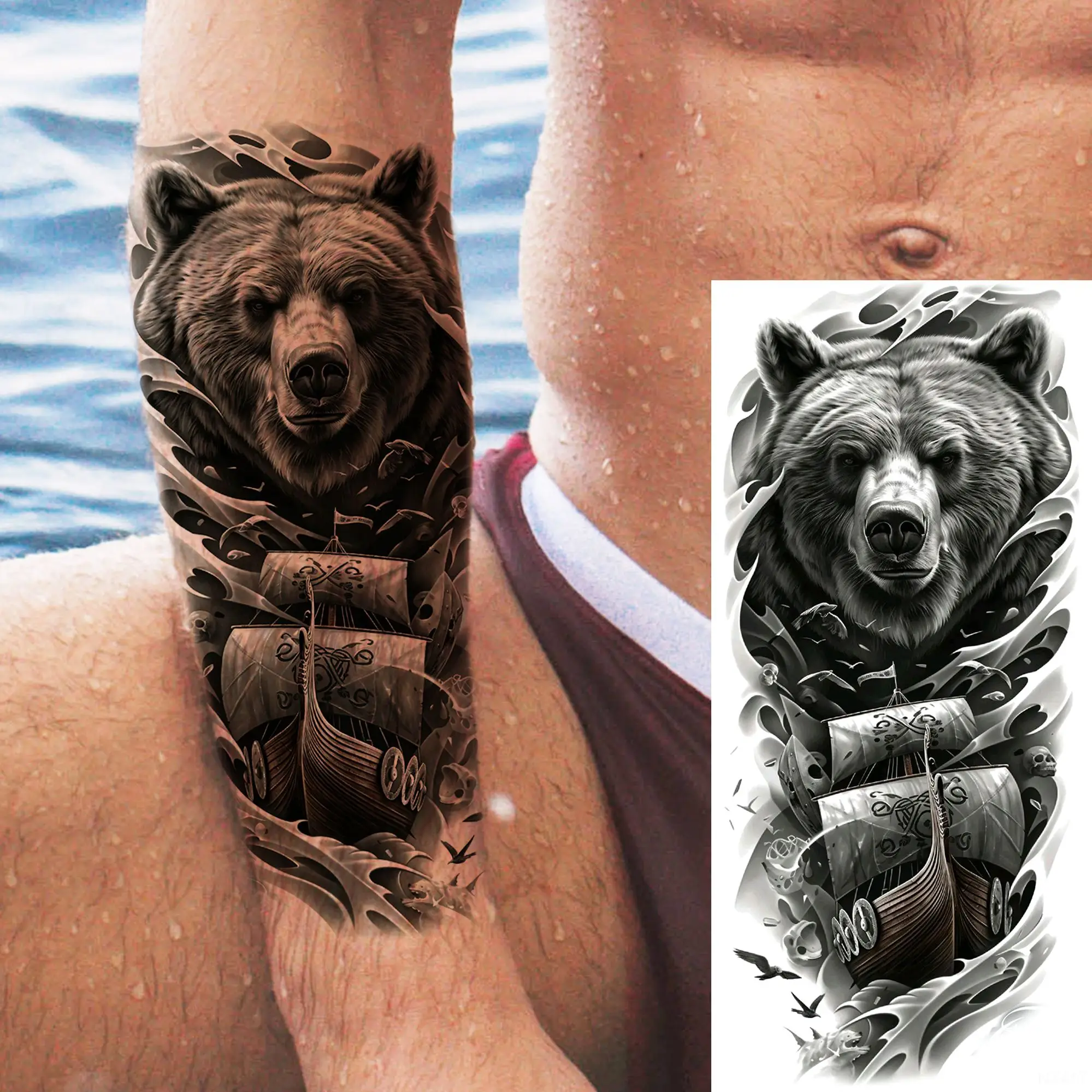 1 Sheet Fierce Bear Temporary Tattoos For Men Women Realistic Cool Zeus Fake Tattoos Waterproof Long Lasting Body Tatoo Stickers
