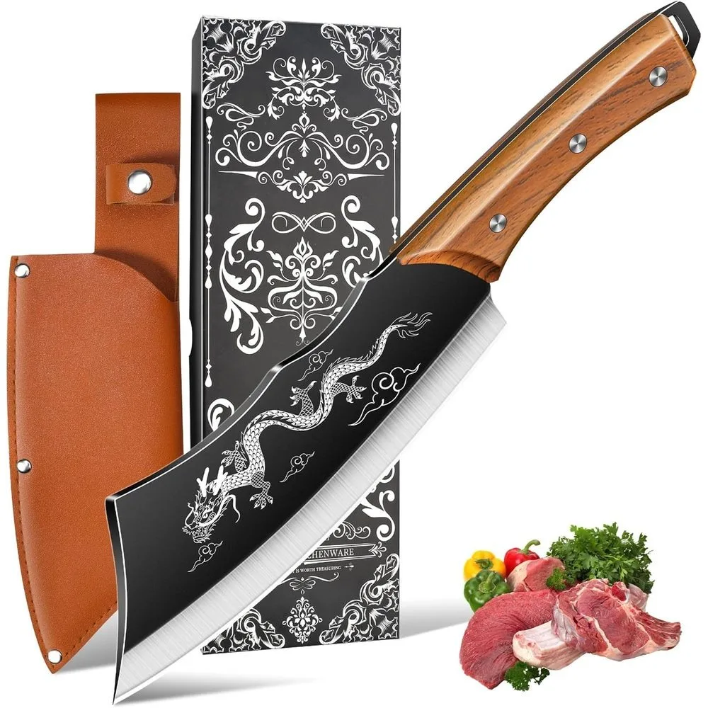 High Strength 8In Dragon Knife with Gift Box and Leather Case Ultra Sharp Stainless Steel Chinese Dragon Meat Knife for Kitchen