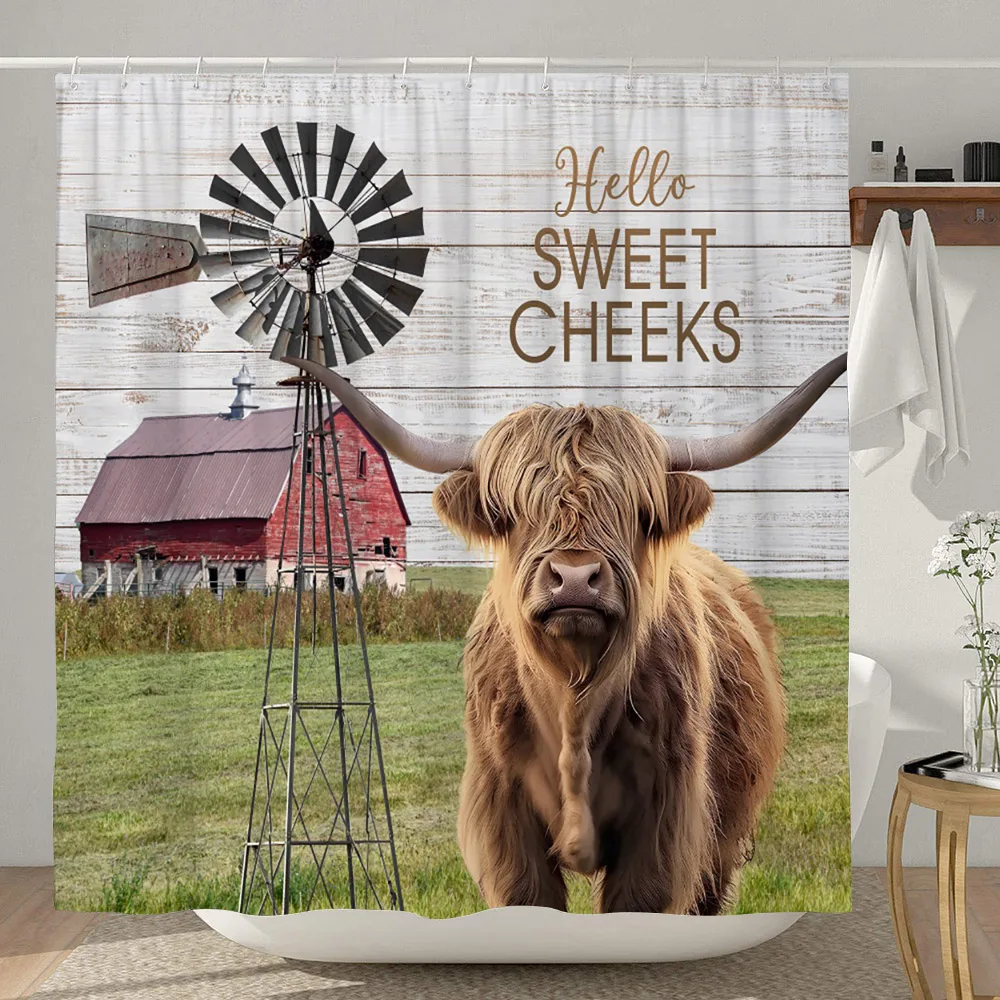 Highland Cow Shower Curtain Farmhouse Funny Bull Rustic Western Watercolor Spring Florral Cute Animal Plant Kids Bathroom Decor