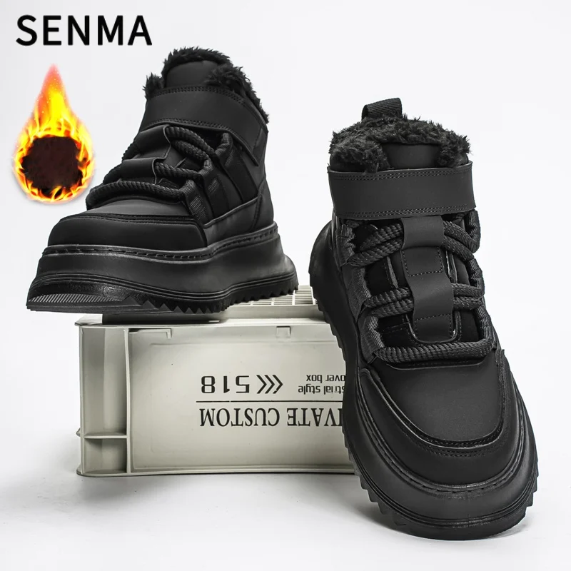 SENMA メンズ ハイカットシューズ 2025年新作 冬用 暖かい スポーツシューズ 厚底 滑り止め カジュアル ボードシューズ 耐摩耗性 ソフトレザー