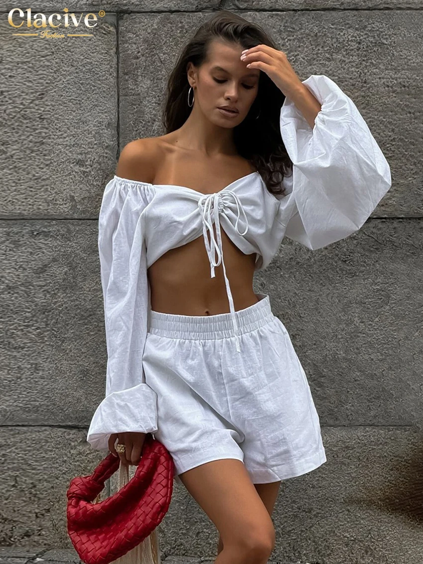 

Clacive Fashion Loose White Cotton Shorts Set 2 Piece Woman 2025 Sexy Long Sleeve Crop Top With High Waist Shorts Set Female