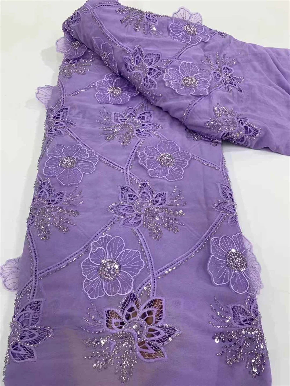 Luxury Chiffon Sequence Lace Fabric 2024 High Quality African Lace Fabric Purple Fabric Materials For Womens Wedding DressA682-1