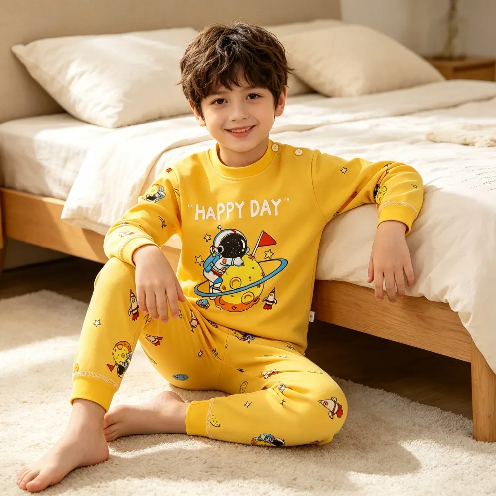 Boys Girls Pajamas Sets Baby 0 to 1 2 3 4 5 6 7 Years Cotton 2pc Long Sleeve Kids Pyjama Yellow Purple Astronaut Cat Toddler Pjs