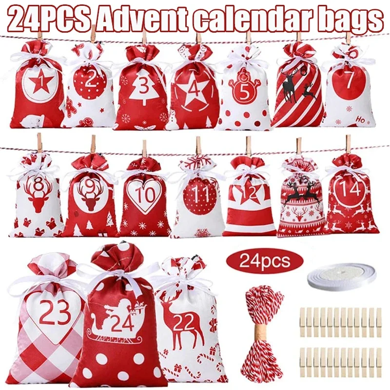 

24PCS Christmas Advent Calendar Bags Xmas Tree Decoration Countdown Calendar Hanging Gift Candy Bag for Party Home Decor Navidad