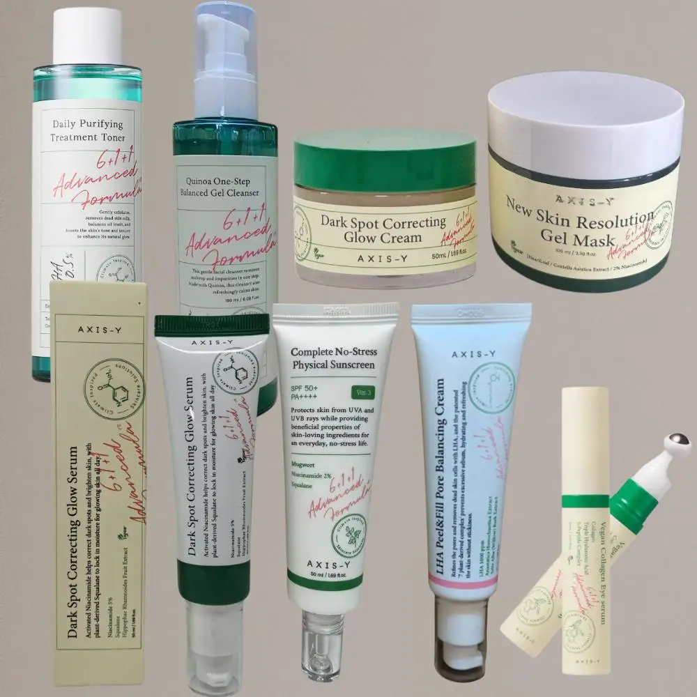 AXIS-Y Hautpflegeset Dark Spot Correcting Glow Serum & Cream/Sonnenschutz/tägliche reinigende Behandlung Toner/Maske/Reiniger/Augenserum