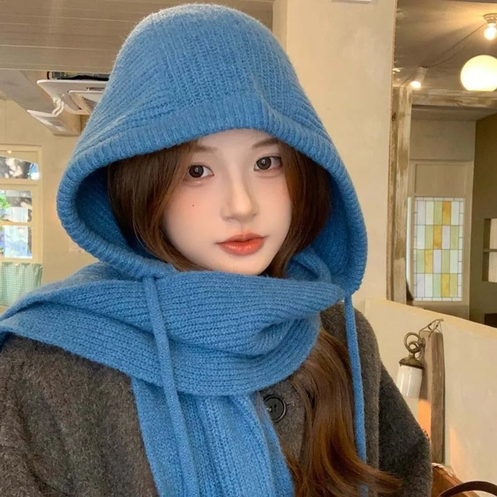 Koreanischer Winter-Stil: Balaclava-Mütze, einfarbig, dick gestrickt, Kapuzenschal-Kombination, gemütlicher Fleece, winddicht, integrierter Nackenwärmer – Detail 5