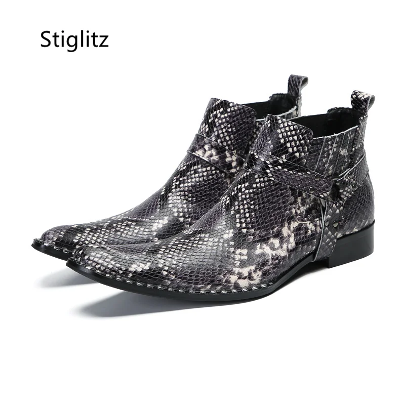 Snake Pattern Genuine Leather Boots for Men Belt Buckle Ankle Boots Slip On Low Heel Western Boots Elegant Male Dress Shoes