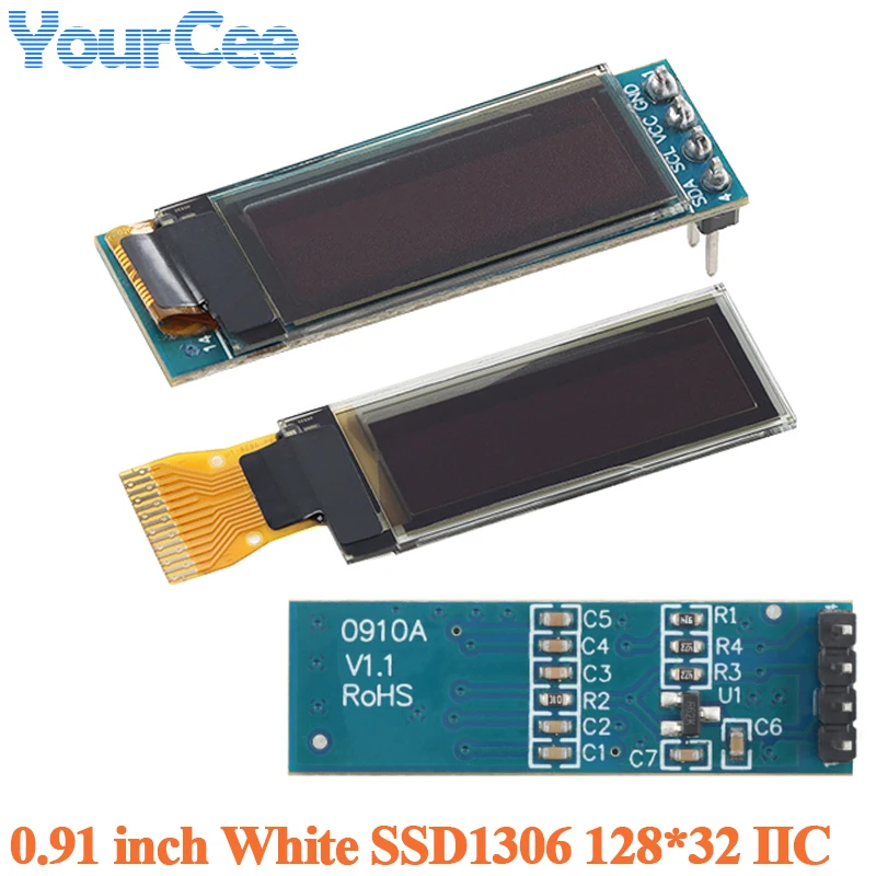 0.91 Inch OLED Display LCD Screen Module Resolution 128*32 IIC I2C Interface SSD1306 Driver White 4pin