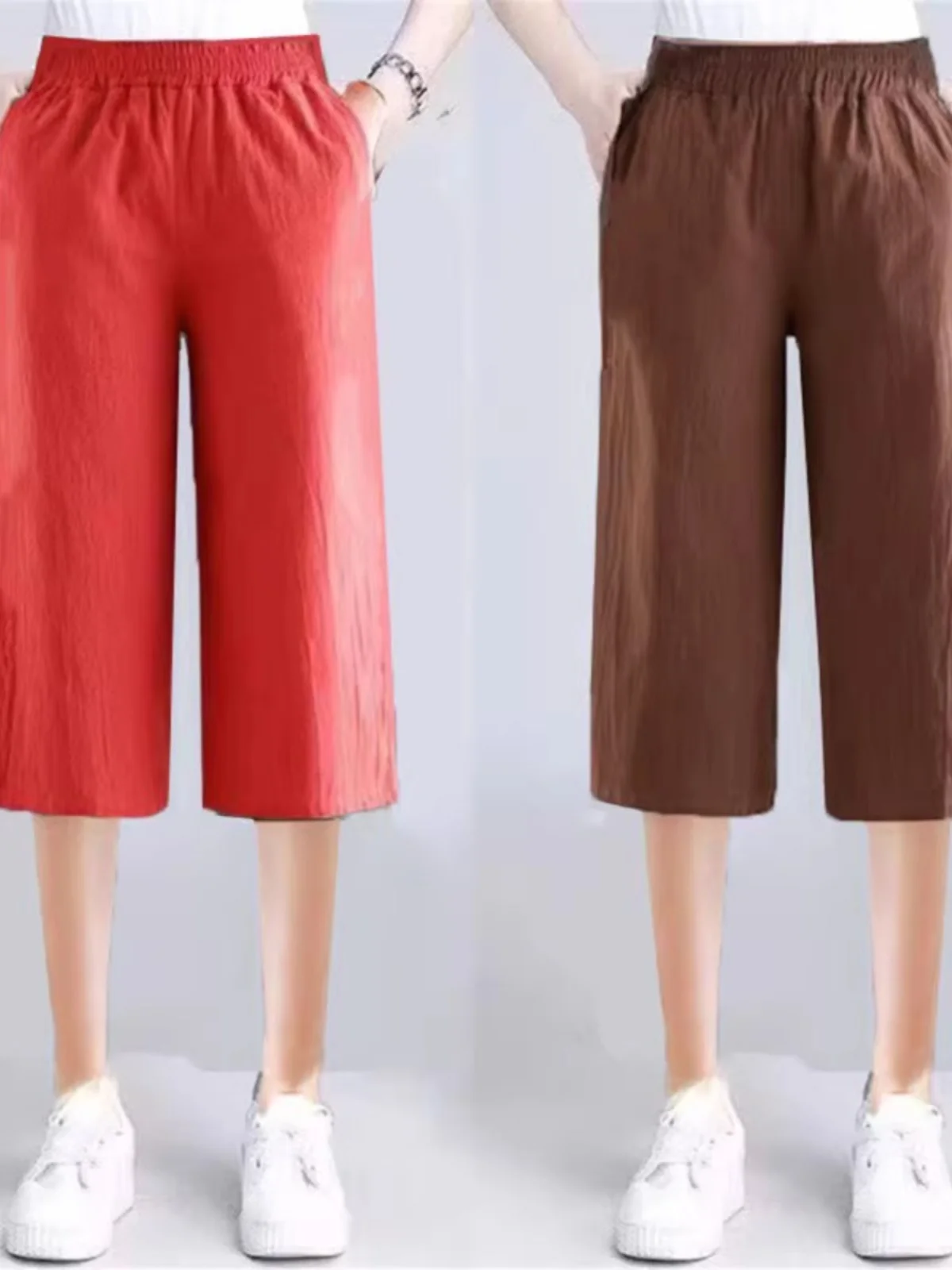 Baumwollhose mit weitem Bein für Damen, Sommer, lockere Passform, leichte elastische Taille, vielseitige Freizeithose, hohe Taille, sieben Fuß lange Länge