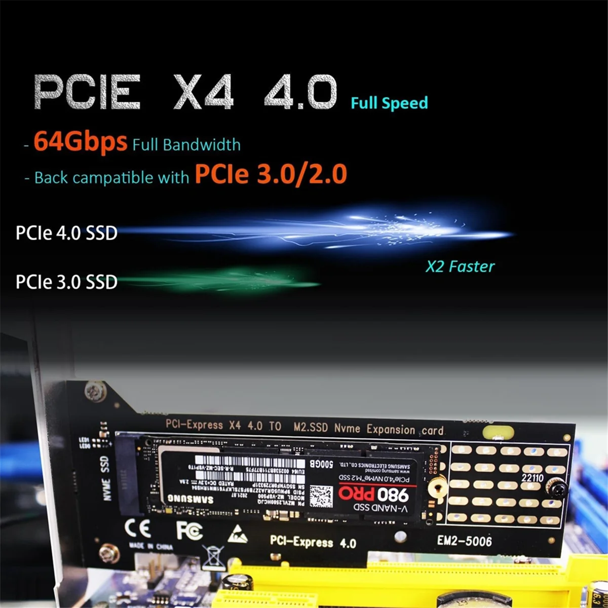 M.2 NVMe to PCIe 4.0 X4 Adapter, PCIe 4.0/3.0 X4 Full Speed Support 22110/2280/2260/2242/2230